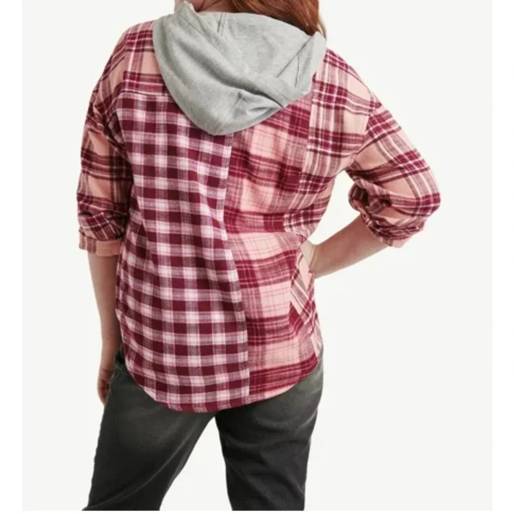 Justice Girls Long Sleeve Pink and Maroon Plaid Flannel With Hood NWT